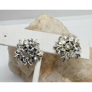 Vintage Snowflake Clear Rhinestone Silver‎ Tone Screw Back Earrings 1960s Retro
